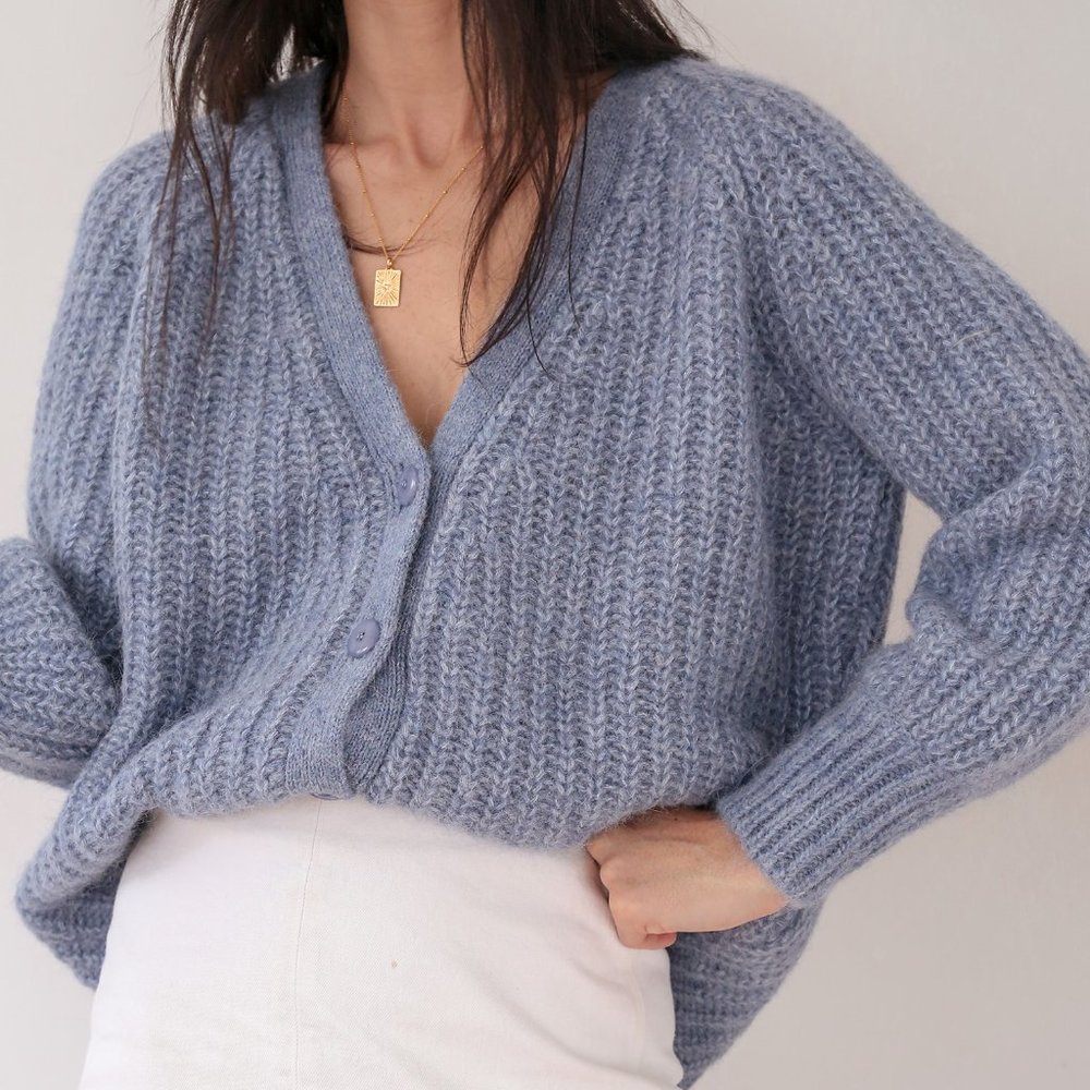 Sezane Basile Knit Cardigan Vintage Blue Gem